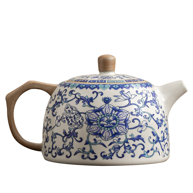 Ceainic Ru kiln în stil antic, pentru casă și birou, motiv lotus albastru și alb, glazură craquelé, set de ceai din porțelan Ru