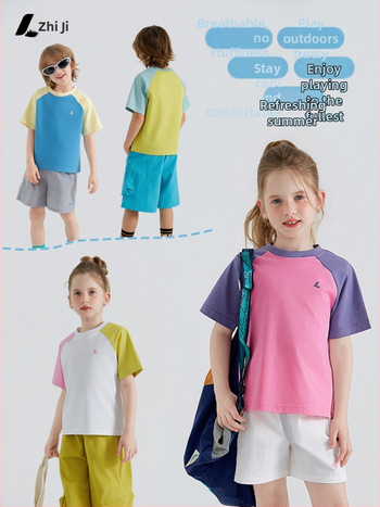 Tricou pentru copii cu raglan, panouri colorate, mâneci scurte, 100% bumbac, top sportiv de vară, respirabil