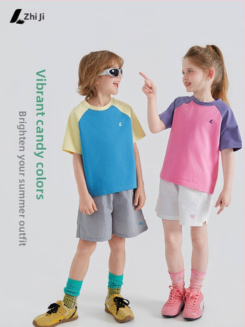 Tricou pentru copii cu raglan, panouri colorate, mâneci scurte, 100% bumbac, top sportiv de vară, respirabil