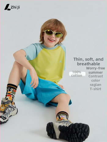 Tricou pentru copii cu raglan, panouri colorate, mâneci scurte, 100% bumbac, top sportiv de vară, respirabil