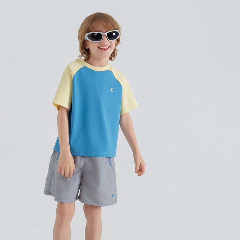 Tricou pentru copii cu raglan, panouri colorate, mâneci scurte, 100% bumbac, top sportiv de vară, respirabil