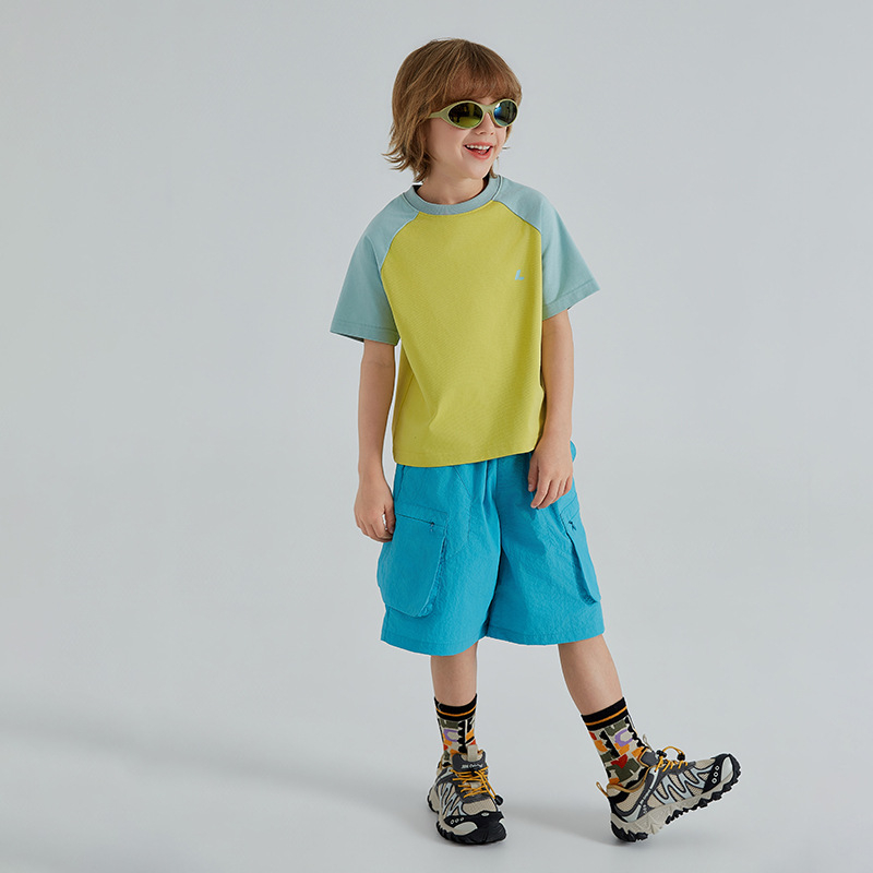Tricou pentru copii cu raglan, panouri colorate, mâneci scurte, 100% bumbac, top sportiv de vară, respirabil