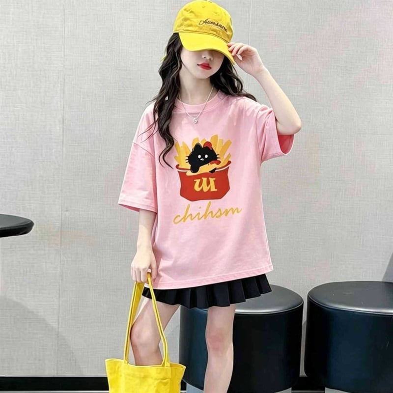 Tricou pentru copii din bumbac 100% pentru fete, mânecă scurtă, vară, stil casual, croială lejeră