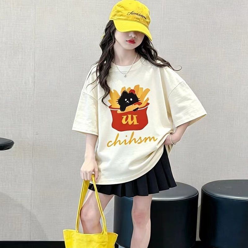 Tricou pentru copii din bumbac 100% pentru fete, mânecă scurtă, vară, stil casual, croială lejeră
