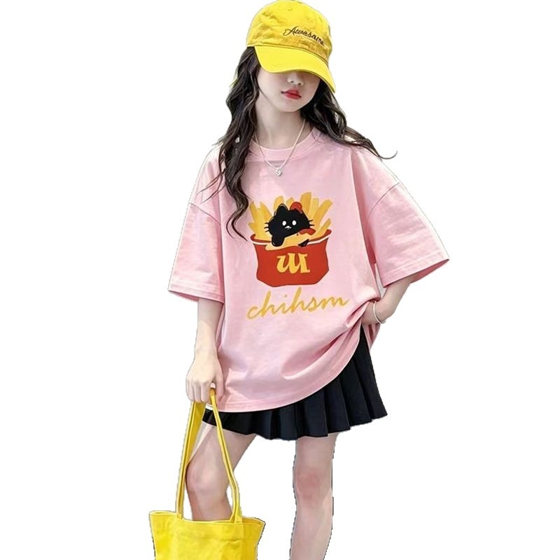 Tricou pentru copii din bumbac 100% pentru fete, mânecă scurtă, vară, stil casual, croială lejeră