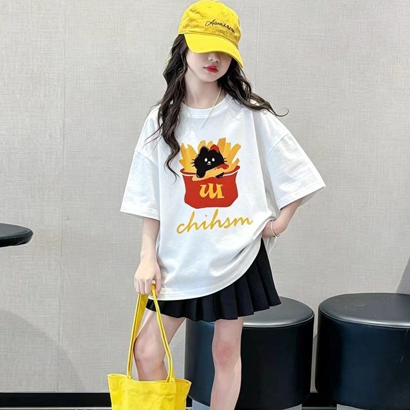 Tricou pentru copii din bumbac 100% pentru fete, mânecă scurtă, vară, stil casual, croială lejeră