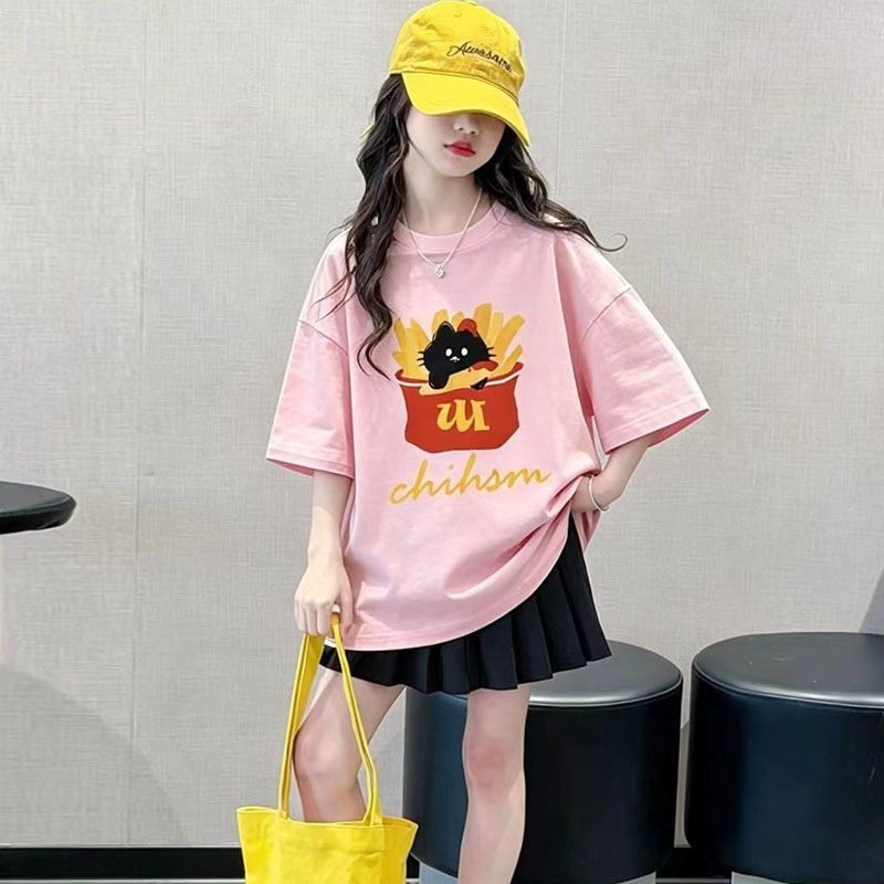 Tricou pentru copii din bumbac 100% pentru fete, mânecă scurtă, vară, stil casual, croială lejeră