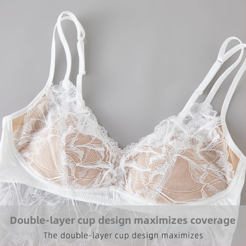  Sutien din mătase în stil franțuzesc, romantic, cu cupă dublă, insertie dantelă, subțire și respirabil, mătase de mulberry, design spate cu fluture