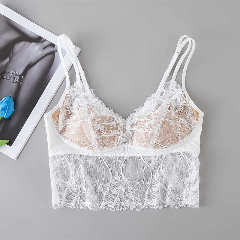  Sutien din mătase în stil franțuzesc, romantic, cu cupă dublă, insertie dantelă, subțire și respirabil, mătase de mulberry, design spate cu fluture
