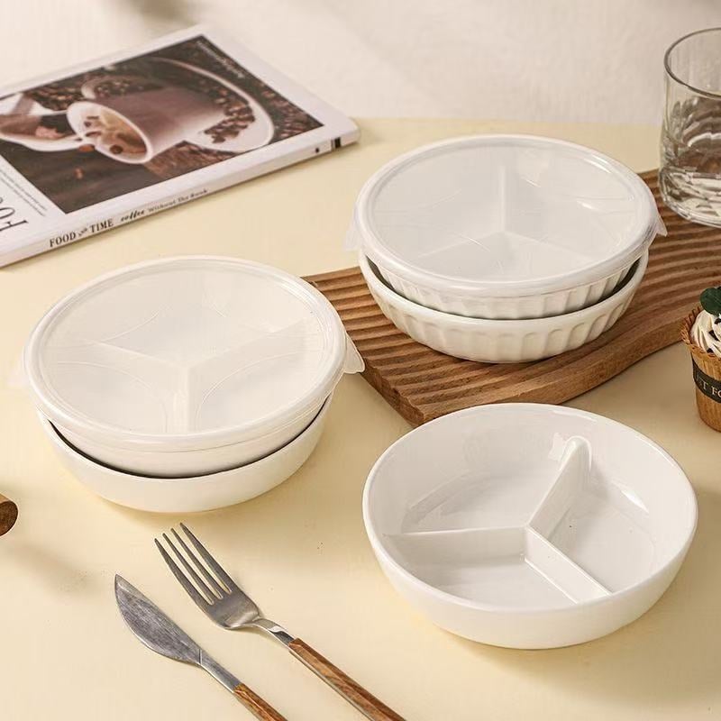 Vas ceramic pentru aburi cu trei compartimente, rotund, diametru 16–16.9 cm, compatibil cu microunde, glazură minimalistă