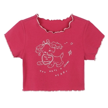 Tricou pentru fete cu mâneci scurte, vară 2025, model nou, imprimeu, volane la margine, material ușor.