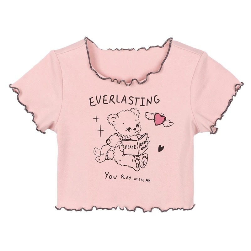 Tricou pentru fete cu mâneci scurte, vară 2025, model nou, imprimeu, volane la margine, material ușor.