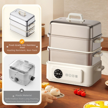 Vaporizator electric din oțel inoxidabil, design cu trei niveluri, capacitate mare peste 10 L, oală multifuncțională pentru aburire, fierbere, braising, tocană, hot pot și prăjire, vas interior din oțel inoxidabil 304, control tactil, 220V, 1500W