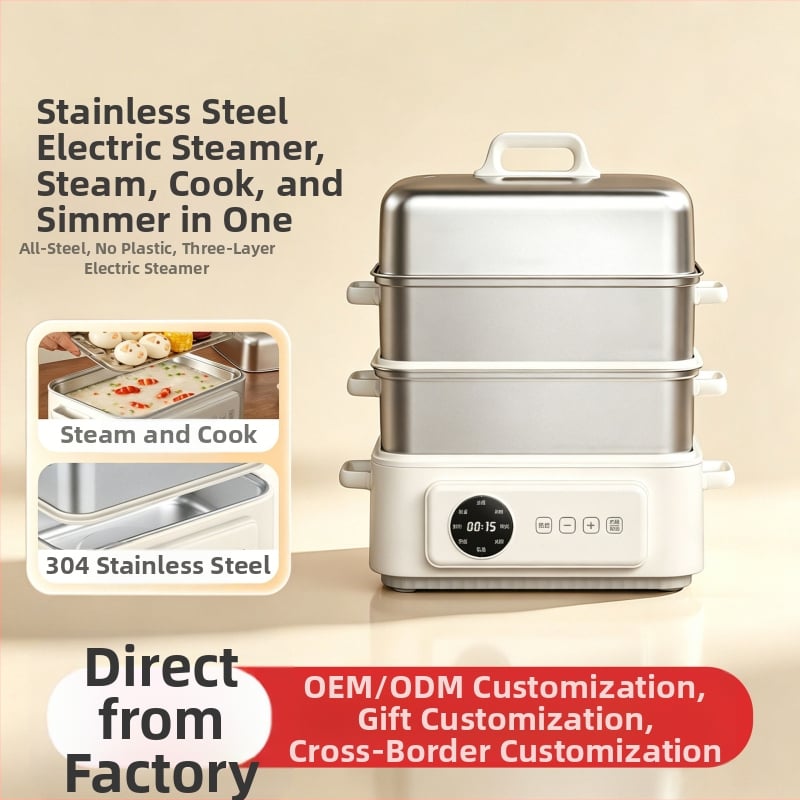 Vaporizator electric din oțel inoxidabil, design cu trei niveluri, capacitate mare peste 10 L, oală multifuncțională pentru aburire, fierbere, braising, tocană, hot pot și prăjire, vas interior din oțel inoxidabil 304, control tactil, 220V, 1500W