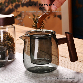 Set Gongfu de ceai cu sticlă neagră transparentă, mâner lateral din lemn, gură ascuțită de turnare, include tavă de ceai, pentru 6 persoane