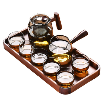Set Gongfu de ceai cu sticlă neagră transparentă, mâner lateral din lemn, gură ascuțită de turnare, include tavă de ceai, pentru 6 persoane
