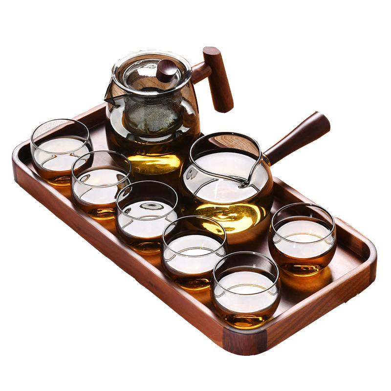 Set Gongfu de ceai cu sticlă neagră transparentă, mâner lateral din lemn, gură ascuțită de turnare, include tavă de ceai, pentru 6 persoane