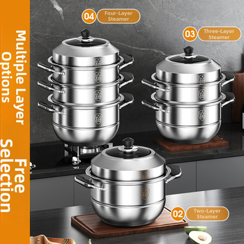 Vaporieră de uz casnic din oțel inoxidabil, în stil oală de orez, de calitate alimentară, grosime extra și înălțime mărită, pentru aburirea chiflelor, capacitate 3–4 niveluri