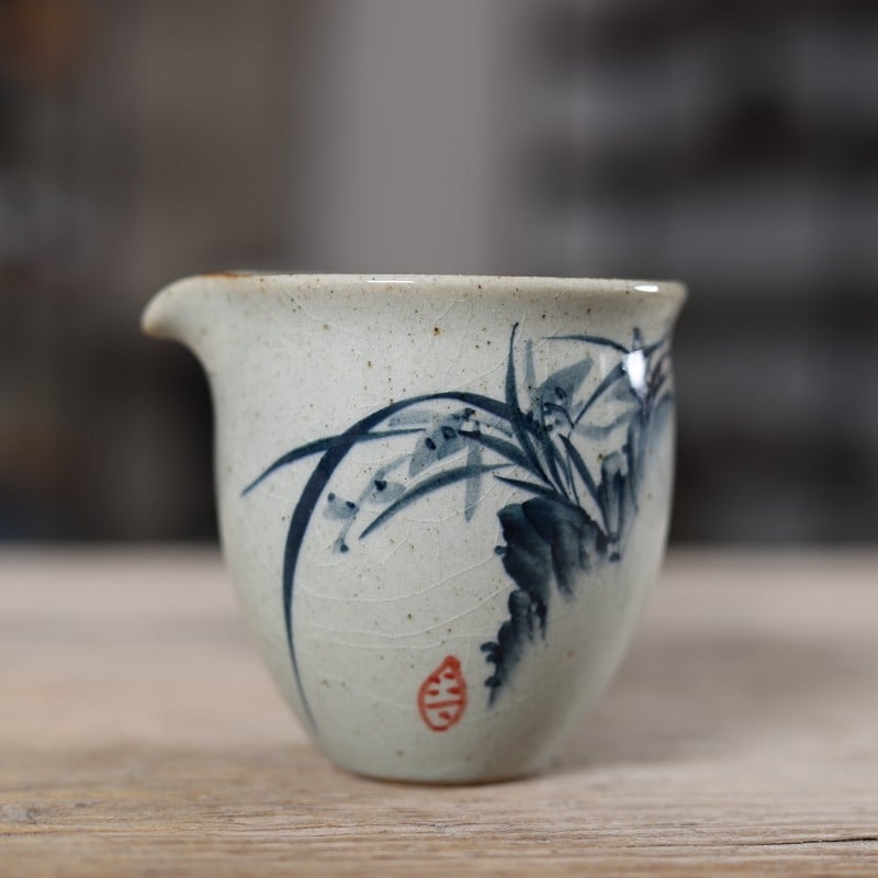 Set de ceai Kung Fu din ceramică, pictat manual, cu recipient pentru separarea ceaiului și tavă de ceai cu motiv orhidee