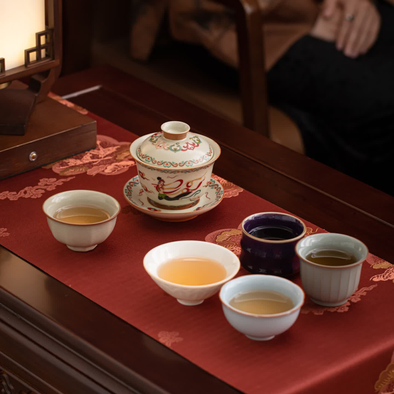 Su's Ceramics Dunhuang gaiwan Gongfu set de ceai, din cinci cuptoare renumite Jun Ru Guan Ding Ge, într-o cutie cadou culturală