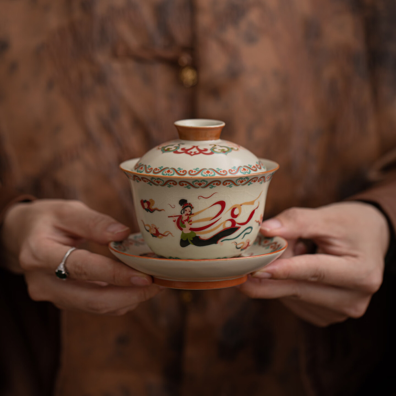 Su's Ceramics Dunhuang gaiwan Gongfu set de ceai, din cinci cuptoare renumite Jun Ru Guan Ding Ge, într-o cutie cadou culturală