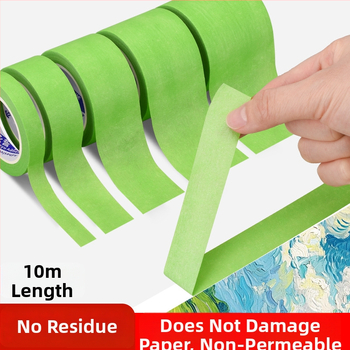 Bandă de mascare verde, texturată, fără reziduuri de adeziv, pentru artă și design; poate fi scrisă pentru marcaj; lățime 10–50 mm, lungime 10/20 m.