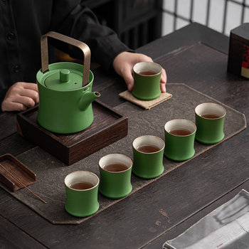 Set de ceai ceramic cu ceainic din lut și motiv peisaj cu bambus, capacitate mare, cești cu design din bambus, stil pastoral