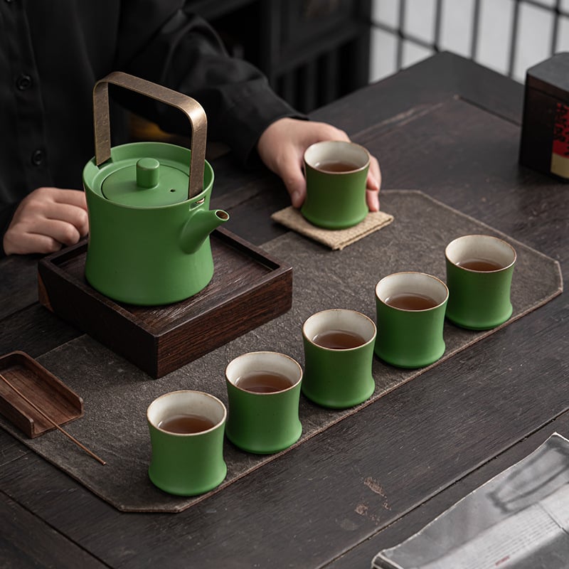 Set de ceai ceramic cu ceainic din lut și motiv peisaj cu bambus, capacitate mare, cești cu design din bambus, stil pastoral