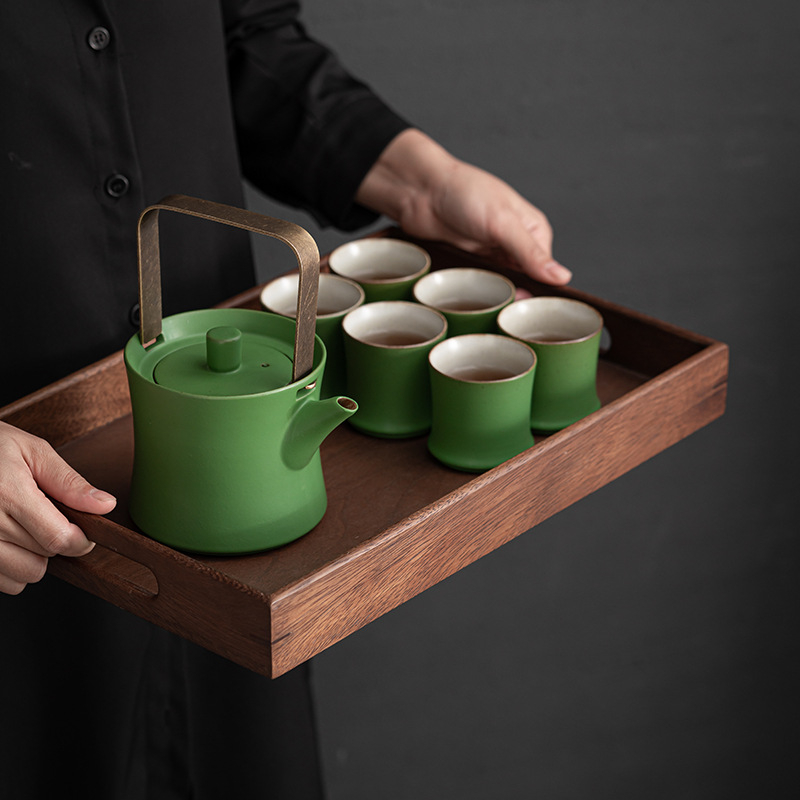 Set de ceai ceramic cu ceainic din lut și motiv peisaj cu bambus, capacitate mare, cești cu design din bambus, stil pastoral