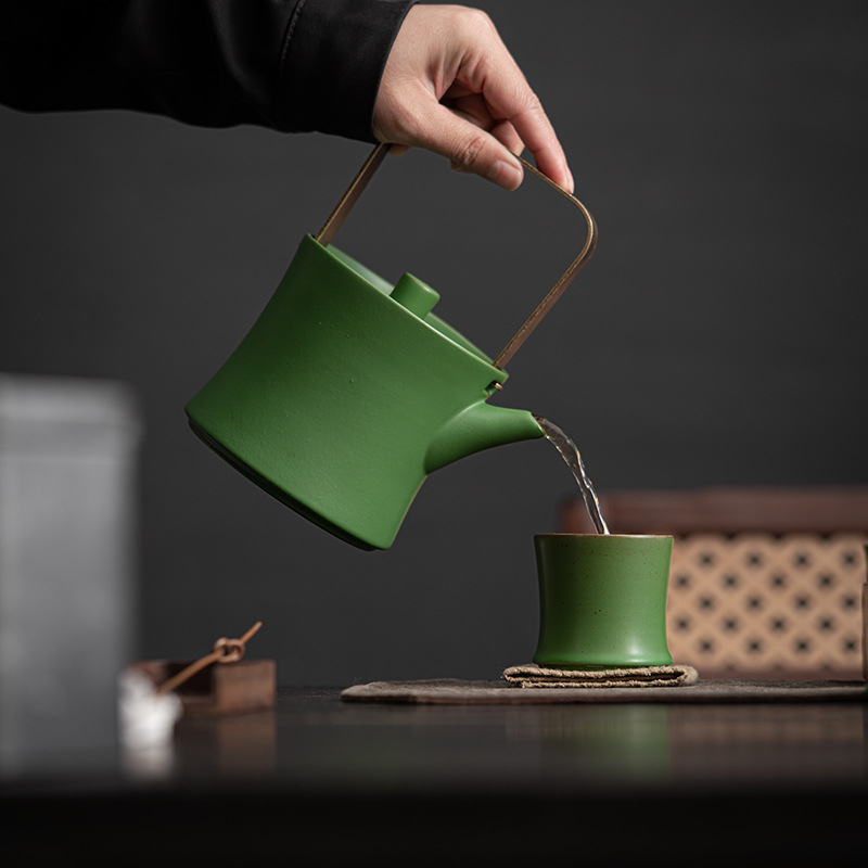 Set de ceai ceramic cu ceainic din lut și motiv peisaj cu bambus, capacitate mare, cești cu design din bambus, stil pastoral