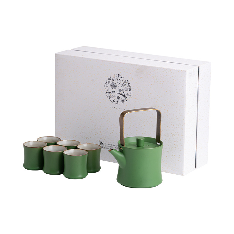 Set de ceai ceramic cu ceainic din lut și motiv peisaj cu bambus, capacitate mare, cești cu design din bambus, stil pastoral
