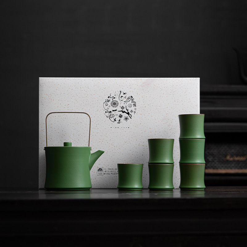 Set de ceai ceramic cu ceainic din lut și motiv peisaj cu bambus, capacitate mare, cești cu design din bambus, stil pastoral