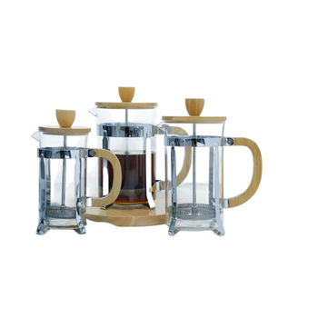 Presa franceză pentru cafea cu sticlă borosilicat, cadru din metal și capac din bambus