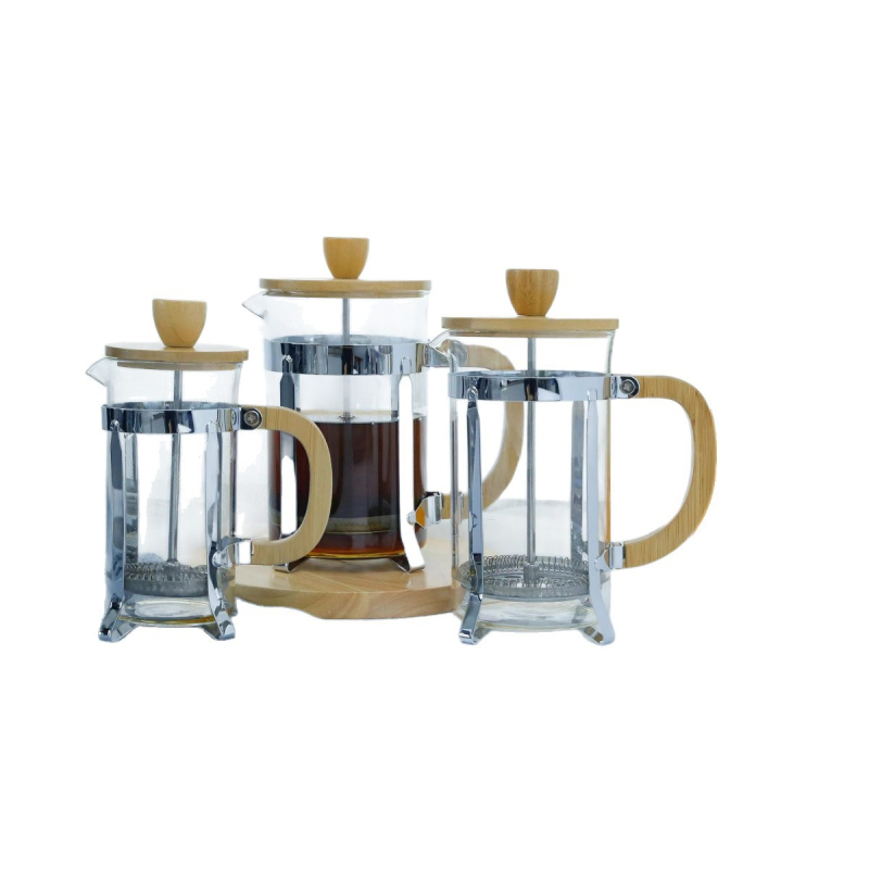 Presa franceză pentru cafea cu sticlă borosilicat, cadru din metal și capac din bambus
