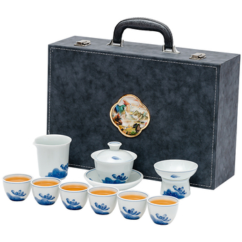 Set de ceai din ceramică, pictat manual, cu floare de lotus albastră, vas cu capac plutitor, stil retro elegant
