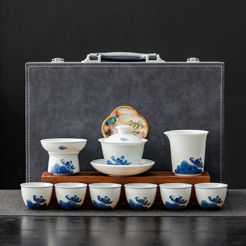 Set de ceai din ceramică, pictat manual, cu floare de lotus albastră, vas cu capac plutitor, stil retro elegant
