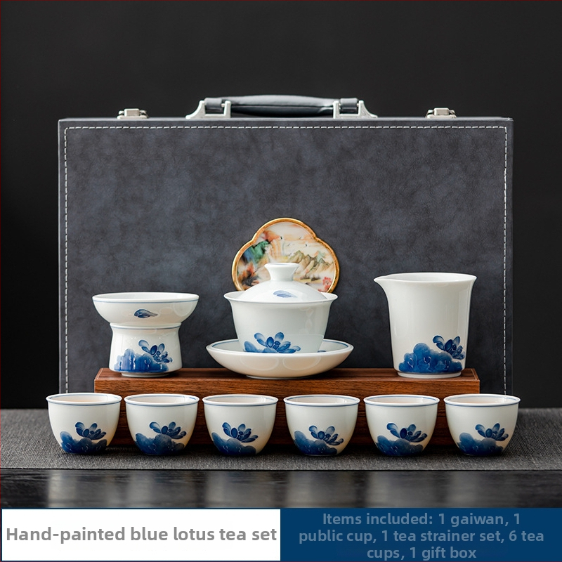 Set de ceai din ceramică, pictat manual, cu floare de lotus albastră, vas cu capac plutitor, stil retro elegant
