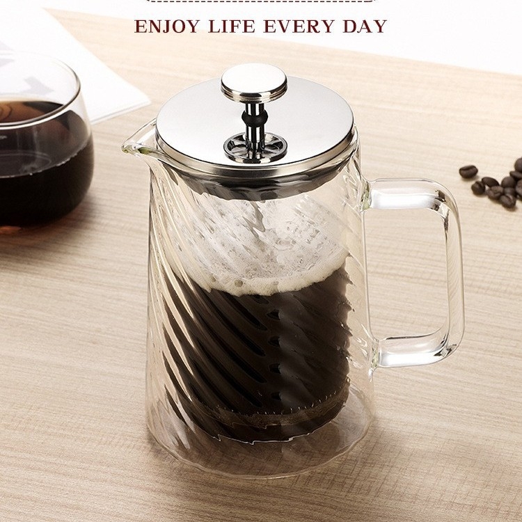 Presă franțuzească cu două straturi, model în spirală, corp din sticlă borosilicată, filtru în stil francez, recipient transparent rezistent la căldură pentru ceai și cafea
