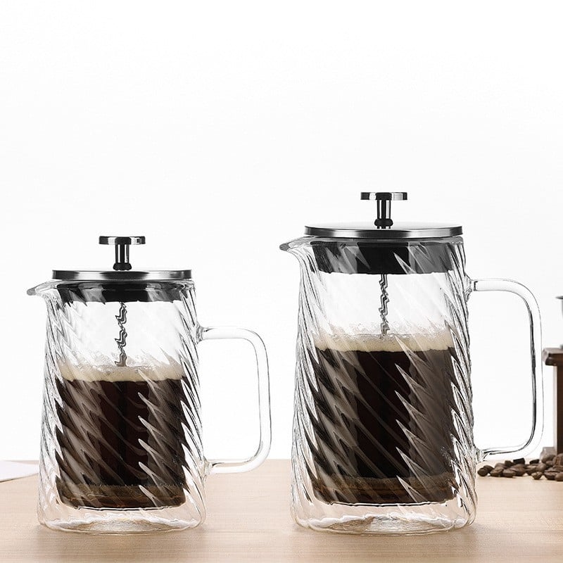 Presă franțuzească cu două straturi, model în spirală, corp din sticlă borosilicată, filtru în stil francez, recipient transparent rezistent la căldură pentru ceai și cafea