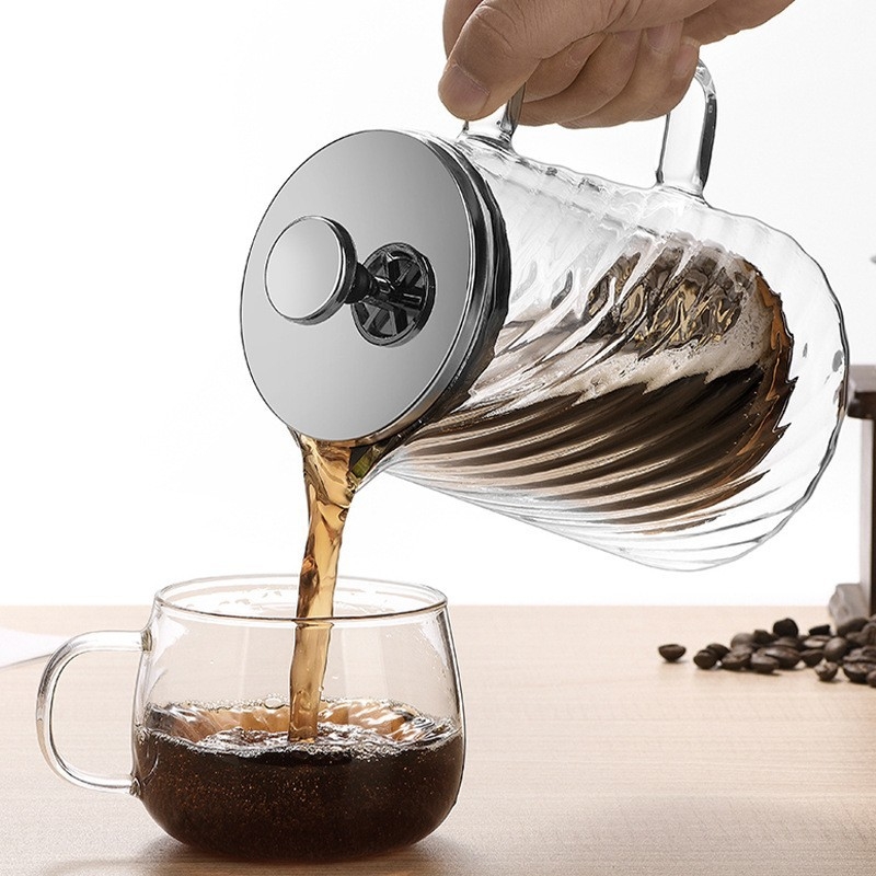 Presă franțuzească cu două straturi, model în spirală, corp din sticlă borosilicată, filtru în stil francez, recipient transparent rezistent la căldură pentru ceai și cafea