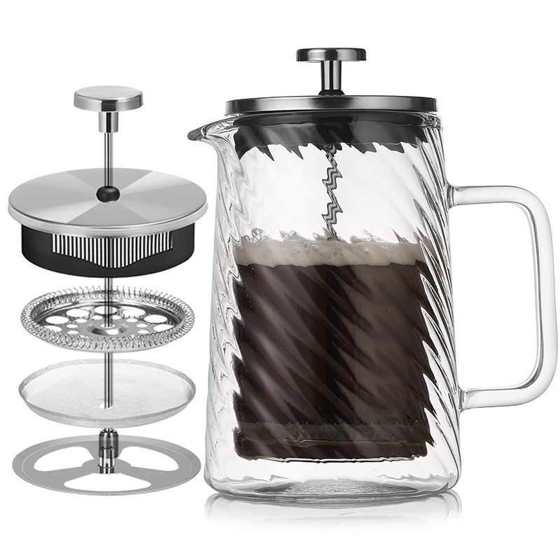 Presă franțuzească cu două straturi, model în spirală, corp din sticlă borosilicată, filtru în stil francez, recipient transparent rezistent la căldură pentru ceai și cafea