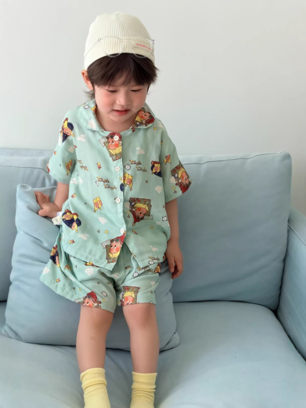 Set de haine de casă pentru copii, vară, bumbac 100%, gază dublă, unisex, cardigan cu rever, imprimeu cu personaje de desene animate