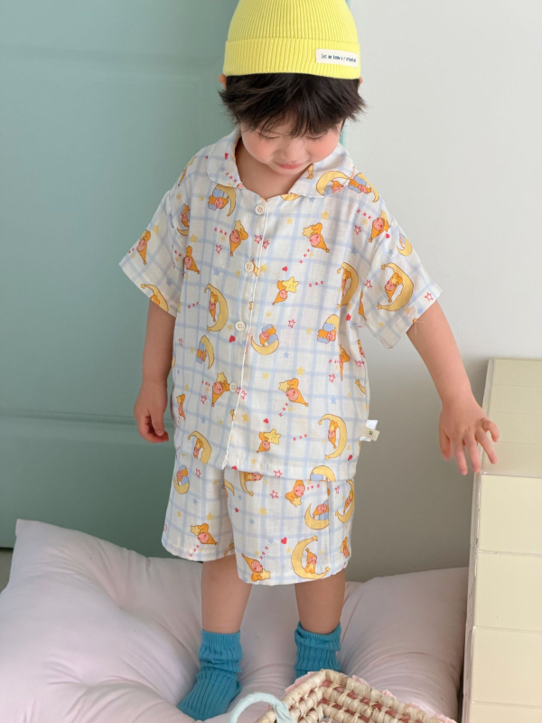 Set de haine de casă pentru copii, vară, bumbac 100%, gază dublă, unisex, cardigan cu rever, imprimeu cu personaje de desene animate