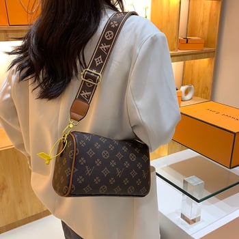 Geantă crossbody pentru femei cu imprimeu floral vintage, model nou 2023, stil european și american, curea lată, rucsac cilindric.