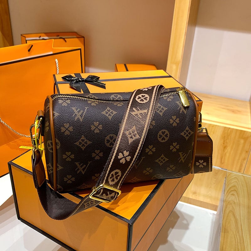 Geantă crossbody pentru femei cu imprimeu floral vintage, model nou 2023, stil european și american, curea lată, rucsac cilindric.