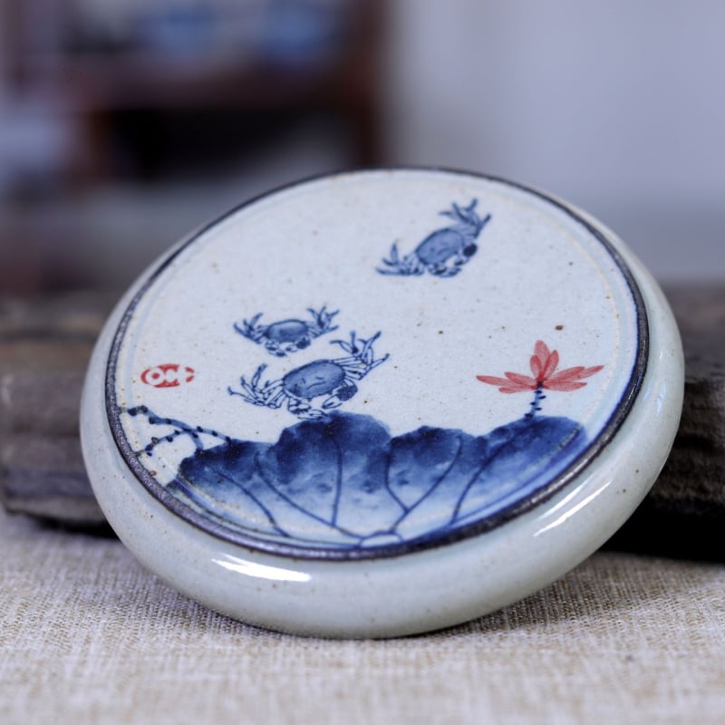 Set ceramic de ceai Yizi Tao Kung Fu cu suport rotund solid pentru capac, suport de ceai pictat manual și caligrafie Lanting Xu