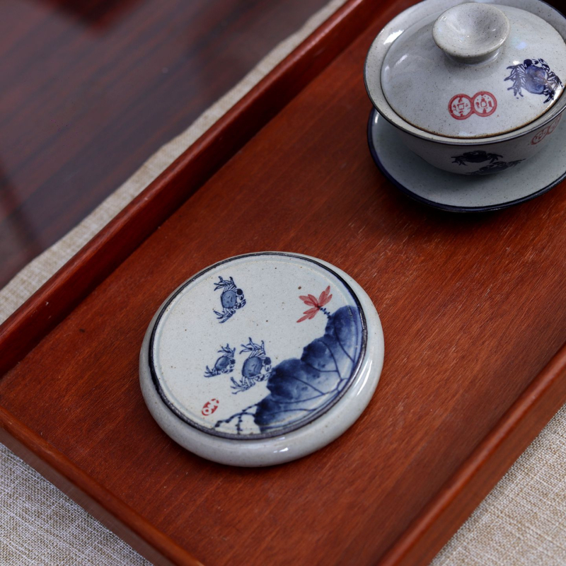 Set ceramic de ceai Yizi Tao Kung Fu cu suport rotund solid pentru capac, suport de ceai pictat manual și caligrafie Lanting Xu