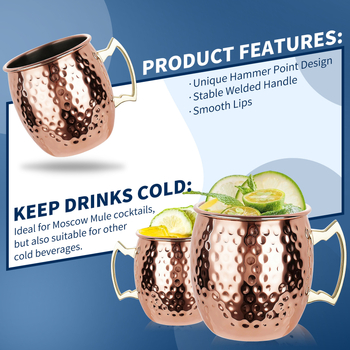 Pahar Mule ciocănit din oțel inoxidabil 304, 500 ml, pahar de cocktail