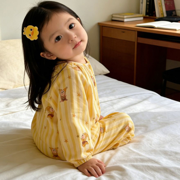 Set de pijamale de vară pentru copii, din bumbac muselină, cu imprimeu drăguț, croială lejeră și respirabilă, top cu mânecă lungă și pantaloni lungi