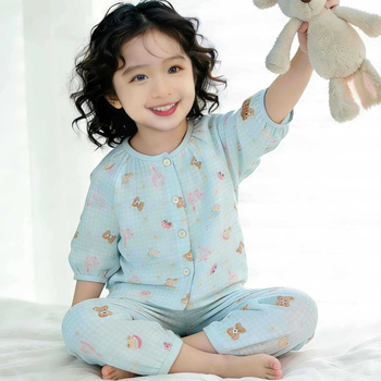 Set de pijamale de vară pentru copii, din bumbac muselină, cu imprimeu drăguț, croială lejeră și respirabilă, top cu mânecă lungă și pantaloni lungi